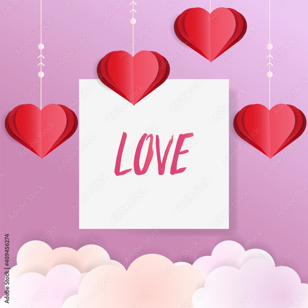 Valentine's day greeting card with text. 3d red paper hearts with clouds. Cute love banner or Valentines. Vector illustration.