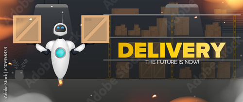 Delivery banner. White flying robot is holding a box. Warehouse with racks and boxes. Cartoon style. Vector illustration.