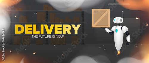 Delivery banner. White flying robot is holding a box. Warehouse with racks and boxes. Cartoon style. Vector