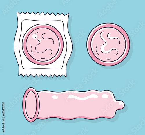 Pink condom cartoon icons vector set