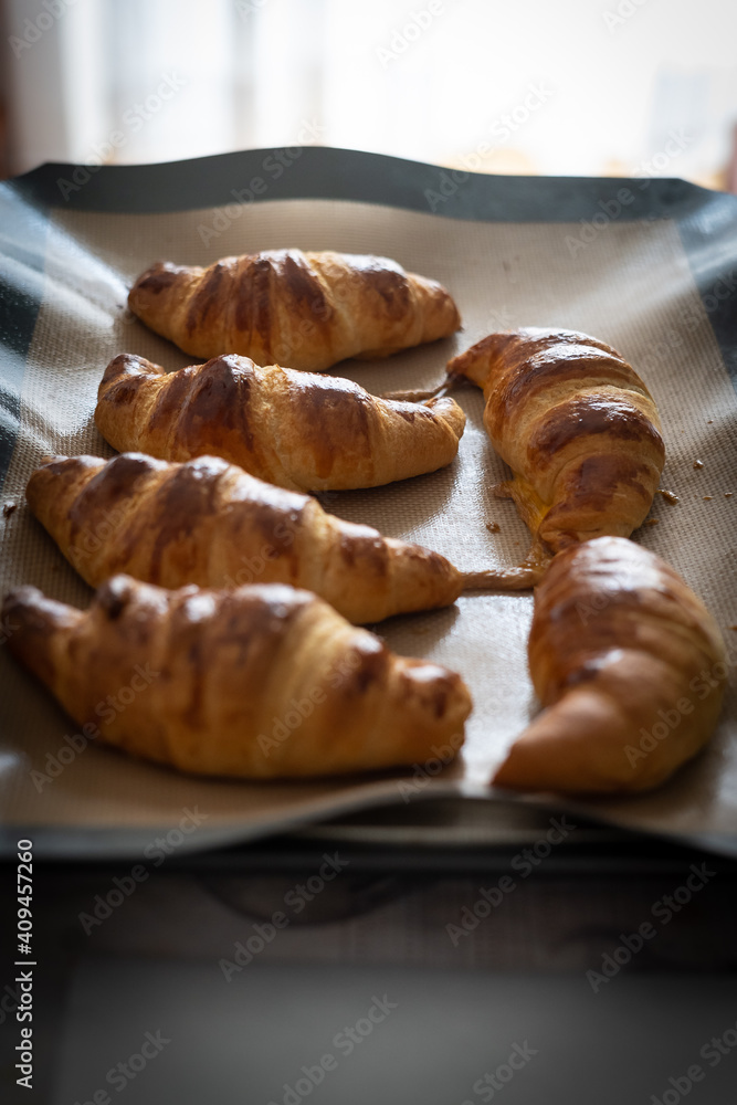 Fresh tasty croissants. Breakfast meal. Top view flat lay Fresh tasty croissants. Breakfast meal. Top view flat lay
