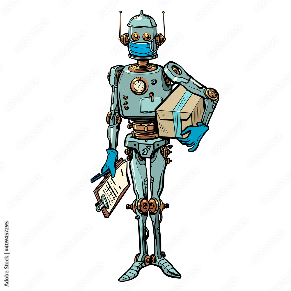 Robot courier in a medical mask, safe delivery in quarantine Robot courier in a medical mask, safe delivery in quarantine