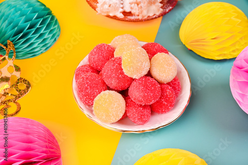 Baked castagnole. Traditional sweet pastries during the carnival period in italy. Street food, round biscuits with sugar for the carnival of Venice. Copy space.  photo