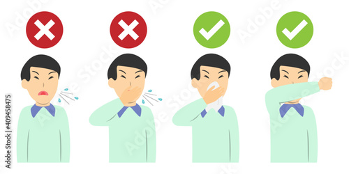 infographic showing the right and wrong ways of sneezing safely and unsafe. using handkerchief cover mouth or sneeze in elbow prevent disease spread to other