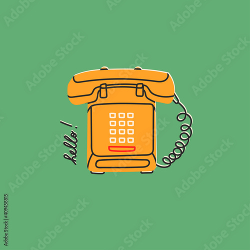 Yellow Phone, green background. Communication device. Classic wired telephone. Retro vintage style Icon. Hand drawn Vector illustration. Pre-made Card or T-shirt Print