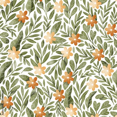 Orange flowers and green leaves seamless pattern isolated on white background. Small floral elements pattern. Botanical illustration.
