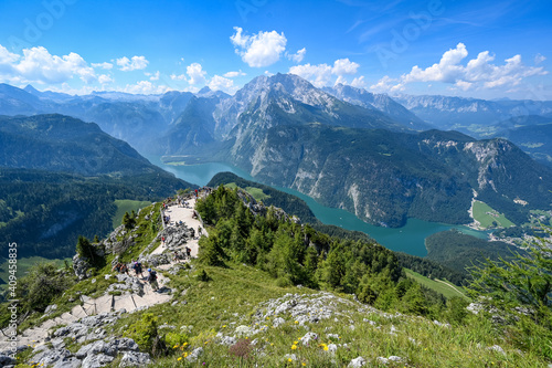 KOENIGSSEE, GERMANY - August 10, 2020: View on lake Koenigssee from the mountain jenner in Berchtesgaden