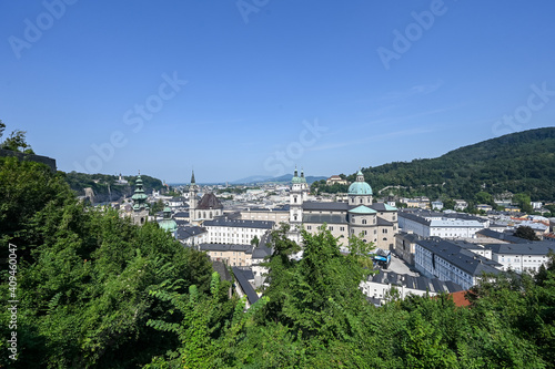 View on Salzburg from castle Hohensalzburg in Austria on sunny day photo