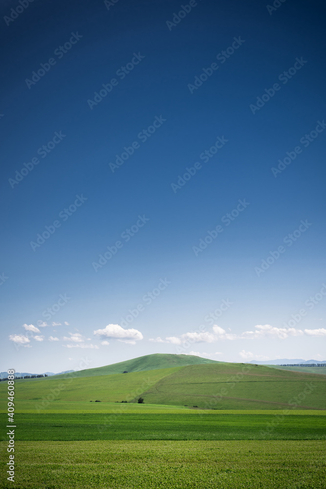 Beautiful landscape with green meadows on the hill, blue sky with clouds and mountains on the horizon. Farmland, summer day in nature, travel, idyll concept.