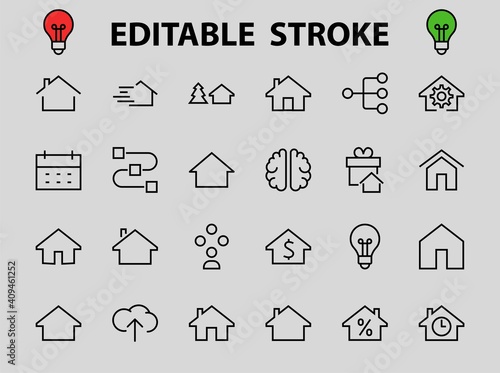 Simple set of line vector home icons. Contains house symbols at interest, infuse house and more. Editable stroke. 480x480 pixels perfect