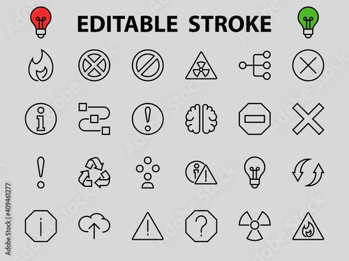 WARNINGS simple set of thin line vector icons. Contains icons such as warning, exclamation mark, reuse, warning sign and more. Editable stroke. Vector illustration