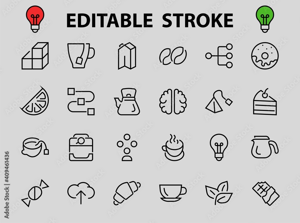 Fototapeta premium COFFEE and TEA LINEAR ICONS SET, contains Icons of tea, tea bag, Coffee machine, cake, sugar, teapot, cup, milk, cream, Lemon, chocolate bar, LINEAR ICONS Editable stroke