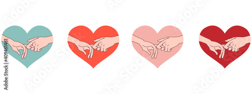 couples holding hands set.Romantic collection of vector illustrations for Saint Valentine's Day.Cute hearts in white background.