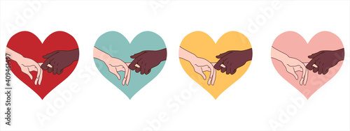 Black and white holding hands set. Hashtag blm stylised set. Black and white hands together concept.Saint Valentines day. Campaign against racial discrimination of dark skin color. Vector Illustration