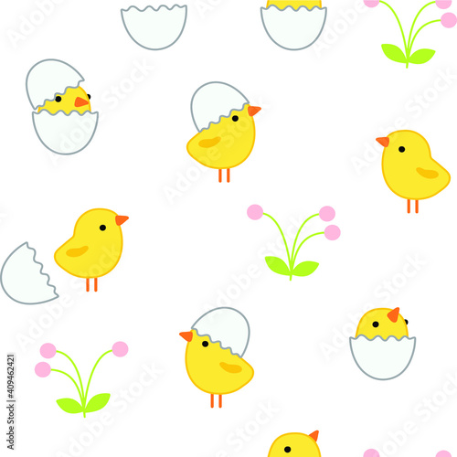 Easter delicate seamless pattern with cute little yellow chicks in cracked eggs and egg shell, flowers isolated on white  background. Vector doodle chickens for birthday, easter decoration.