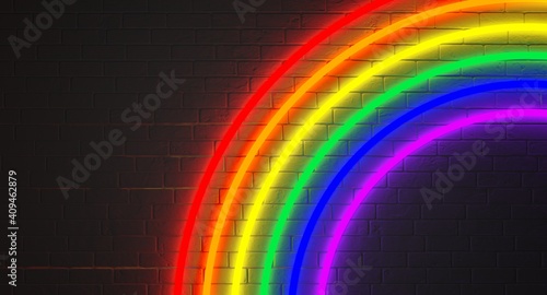 Neon rainbow lamps on a brick wall. Neon rainbow sign. Template neon sign. Rainbow colors of lights tubes. Human rights and tolerance. LGBT. Pride. Neon and brick wall background. 3d illustration.