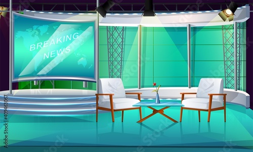 Vector cartoon style TV show studio with two chairs and table, interior stage, with two chair and news screen.
