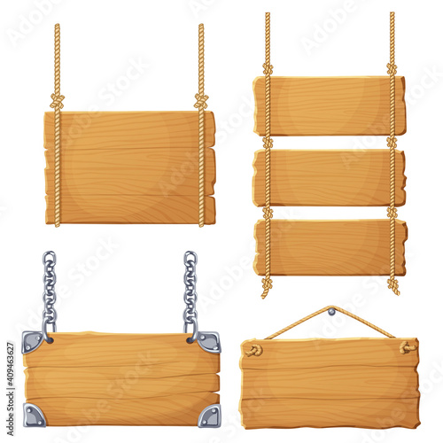 Cartoon wooden sign isolated on white background. Light banner made of wood vector illustration