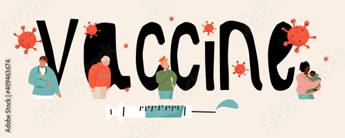 Lettering with set of elements for medical decor on the topic of vaccination against coronavirus. Vector flat text on beige background. Different people waiting for the vaccine. Covid-19, viruses.