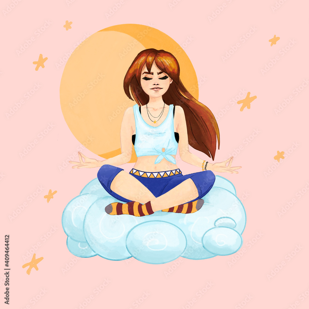 woman, yoga, meditation, lotus, illustration, concentration, close eyes, face, health, stress, training, healthcare, zen, female, balance, healthy, well, pose, color, retirement, smiling, beautiful, g