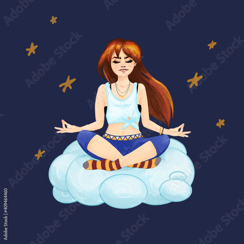 A cute girl sits in a lotus position and meditates with her eyes closed. Digital cartoon illustration for cards or print.