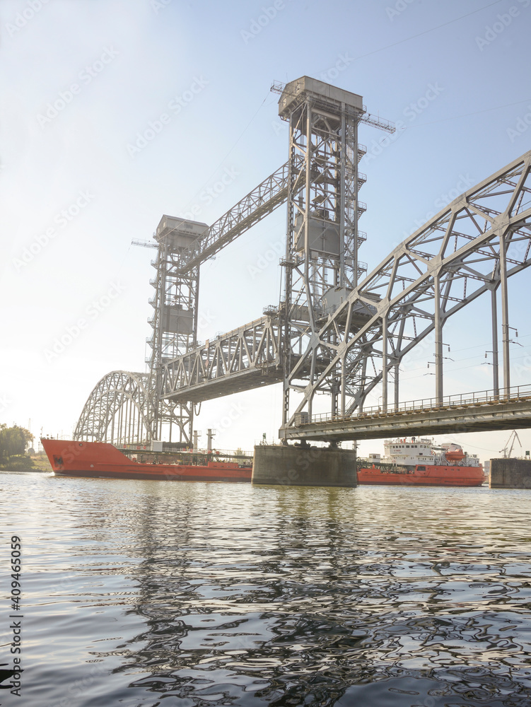 Passage of the ship under the drawbridge morning in Rostov-on-Don