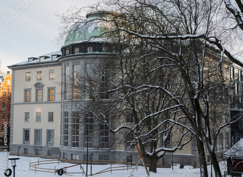 Photography Stockholm School of Economics in snow, 30 january 2021.