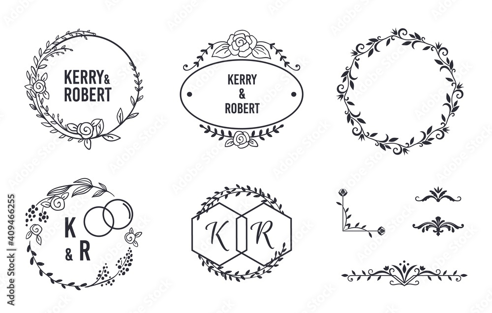 Wedding elegant monograms. Round frames and decorative corners for invitation and greeting card. Classic outlines with names of bride and groom. Filigree contour floral elements, vector monochrome set