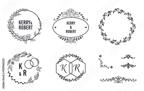 Wedding elegant monograms. Round frames and decorative corners for invitation and greeting card. Classic outlines with names of bride and groom. Filigree contour floral elements, vector monochrome set