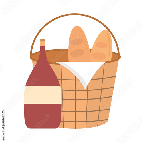 picnic basket wine bottle bread baguettes and napkin