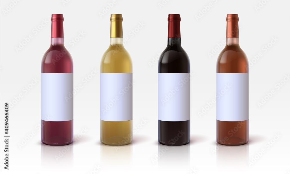 Realistic wine bottles. 3D glass containers mockup with blank labels for marketing branding and presentation. Vector bottles for alcoholic beverages, red and white grape drinks, vector isolated set Realistic wine bottles. 3D glass containers mockup with blank labels for marketing branding and presentation. Vector bottles for alcoholic beverages, red and white grape drinks, vector isolated set