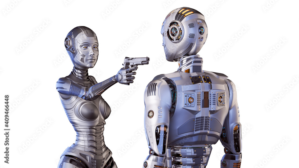 Fototapeta premium 3d render of futuristic robot woman or cybernetic girl threatening or pointing a gun against robot man. Upper bodies isolated on white background