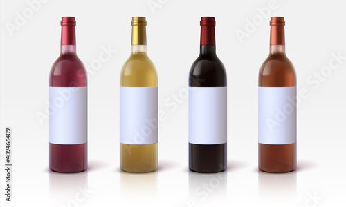 Realistic wine bottles. 3D glass containers mockup with blank labels for marketing branding and presentation. Vector bottles for alcoholic beverages, red and white grape drinks, vector isolated set