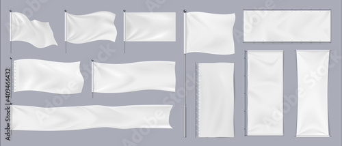 Realistic textile banners. 3D blank waving cotton flags. Empty fabric signboards for advertising. White canvas hanging on chrome stand. Horizontal or vertical pennants for brand identity, vector set photo