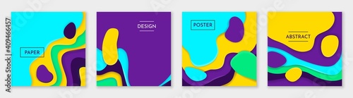 Square paper cut posters. 3D origami banners. Bright minimal multilayer shapes. Colorful abstract design with lettering and copy space. Decorative layered texture effect. Vector web templates set