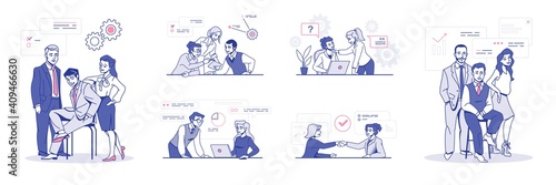 Office team. Businessmen working together, young successful workers. People negotiating and communicating. Effective teamwork or business meeting. Employees brainstorming. Workflow concept, vector set