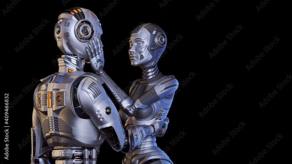 3d render of two detailed cyborgs man and woman or futuristic humanoid robots touching each other with passion and love showing their human sentiments. Isolated on black with copy space for text 3d render of two detailed cyborgs man and woman or futuristic humanoid robots touching each other with passion and love showing their human sentiments. Isolated on black with copy space for text