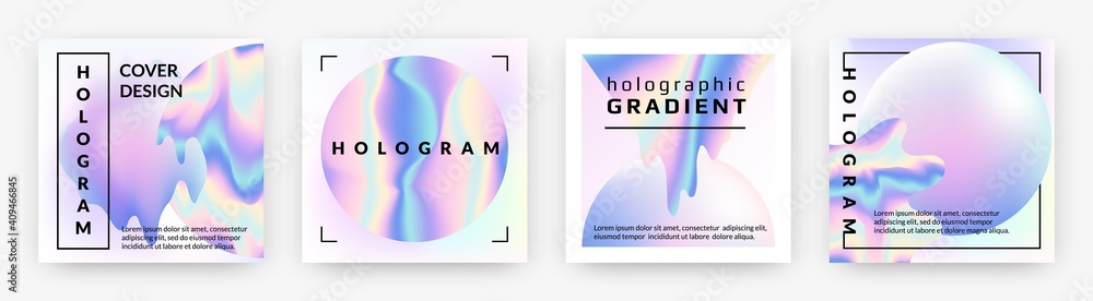Fototapeta premium Hologram social banners. Square rainbow foil abstract geometry violet shapes, holographic neon trendy minimal square pearlescent posters with metal gradient futuristic collection. Vector 90s style set