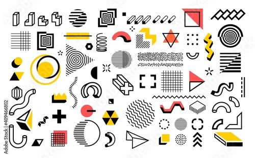 Abstract geometric shapes. Modern line memphis graphic elements. Decorative background with minimal lines and halftone figures. Composition of outline hatching forms or dots. Simple contour vector set