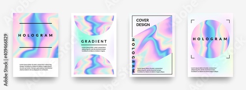 Pearlescent posters. Abstract holographic rainbow metal gradient, violet and pink hologram geometric shapes. Vector iridescent effect 90s mesh horizontal minimalist background set with copy space photo