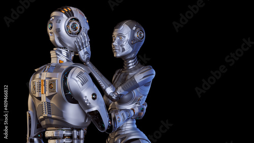 3d render of two detailed cyborgs man and woman or futuristic humanoid robots touching each other with passion and love showing their human sentiments. Isolated on black with copy space for text