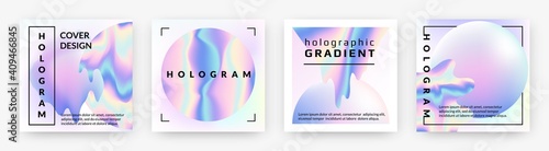 Hologram social banners. Square rainbow foil abstract geometry violet shapes, holographic neon trendy minimal square pearlescent posters with metal gradient futuristic collection. Vector 90s style set