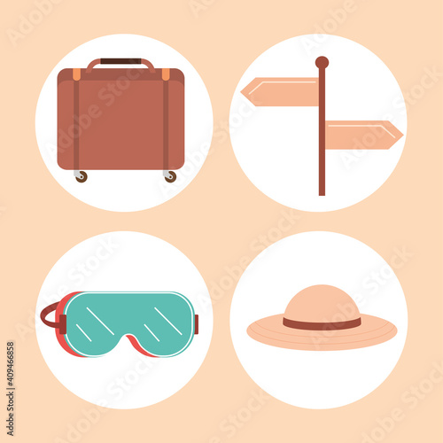 travel vacations suitcase female hat goggle and guide arrows