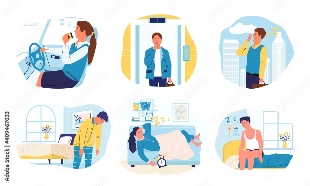 Drowsiness. Cartoon men and women want to sleep. Isolated scenes of bored exhausted people. Sleepy characters at home and work or in transport. Difficult awakening in morning, vector yawning persons