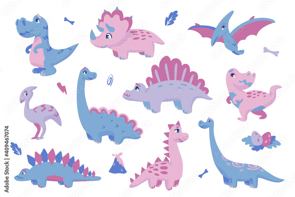 Cute dinosaurs. Adorable dino clipart. Drawing extinct animals of Jurassic period, prehistoric reptiles. Funny tyrannosaurus and brachiosaurus, cartoon stegosaurus or triceratops. Colorful vector set Cute dinosaurs. Adorable dino clipart. Drawing extinct animals of Jurassic period, prehistoric reptiles. Funny tyrannosaurus and brachiosaurus, cartoon stegosaurus or triceratops. Colorful vector set