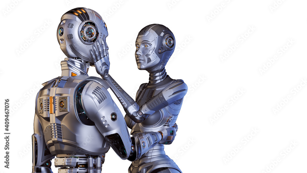 3d render of two detailed cyborgs man and woman or futuristic humanoid  robots touching each other