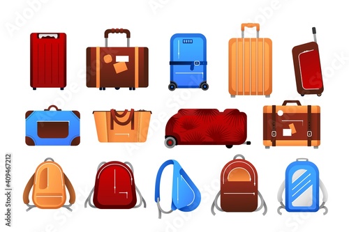 Suitcases. Cartoon travel airport luggage for journey collection, different trip baggage with case, leather bags and backpacks in blue and brown colors. Vector flat style flight suitcase isolated set