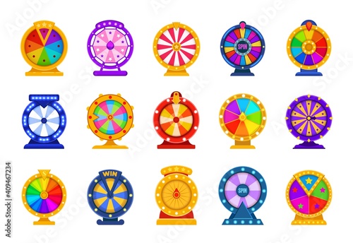 Fortune wheels. Casino equipment for raffling money prizes. Spinning circles divided into colorful sections with arrow and flashing lights. Isolated lottery or roulette game tools. Vector gambling set