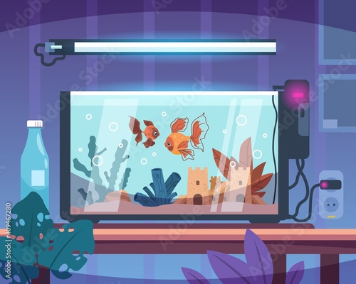 Cartoon aquarium. Room interior. Glass tank with water and sand stand on table. Living conditions for goldfish and seaweeds. Underwater sea fish in modern aquaria with air generator. Vector pet care