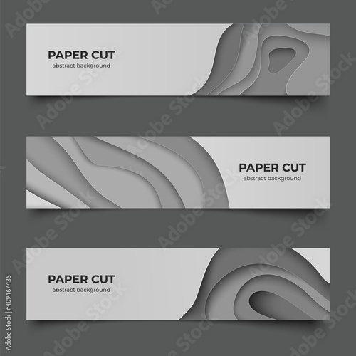 Paper cut horizontal banners. Abstract 3D flyers. Grey origami multilayer shapes and copy space. Decorative effect of color gradient. Craft cardboard mockup, minimal poster with lettering, vector set